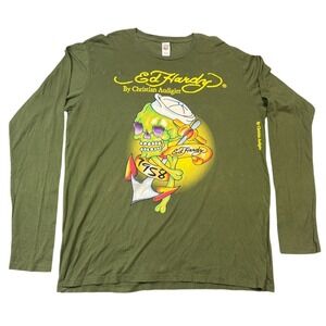 VTG Ed Hardy Christian Audigier‎ Mens XXL Green Long Sleeve Sailor Skull T-Shirt